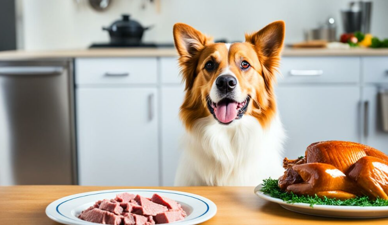 Perro esperando para comer carne de pavo