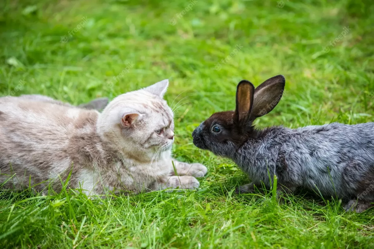 Premium Photo | Siamese cat and brown rabbit sitting together on the green  grass in the summer garden. easter concept