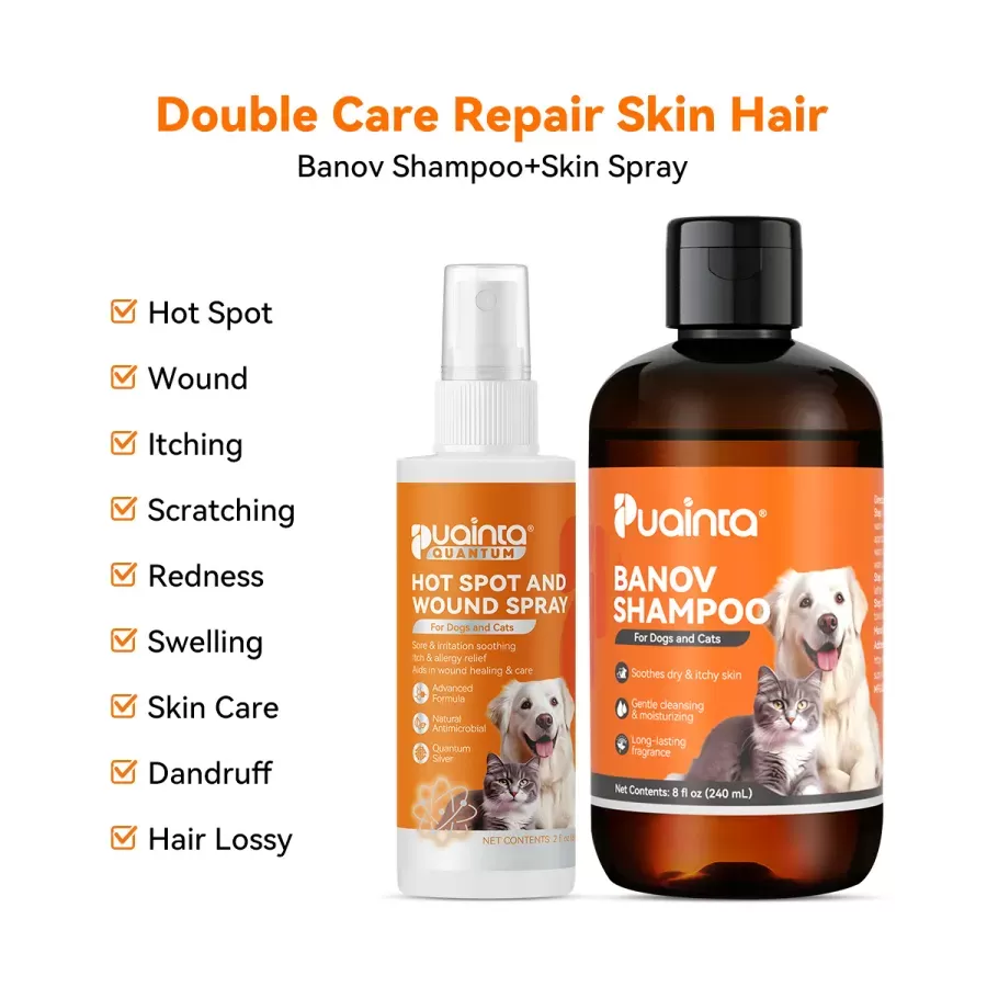 Ensemble de produits anti-démangeaisons naturels Puainta Spray, Quantum Silver Spray 4 floz et Shampooing à base de plantes 8 floz